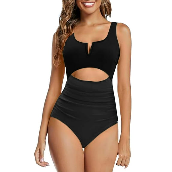 MSJUHEG Hollow Monokini Swimwear,Ruched Monokinis,High Waisted Bikini Sets for Women,Cross Back,Womens Bathing Suits,One Piece Swimsuits,High Cut Backless Black L