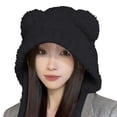 thumbnail image 1 of MSJUHEG Hooded Beanie Hat for Women Soft Fuzzy Plush Fluffy Warm Headwear for Autumn Winter Outdoor Sports and General Casual Activities Black One Size, 1 of 4