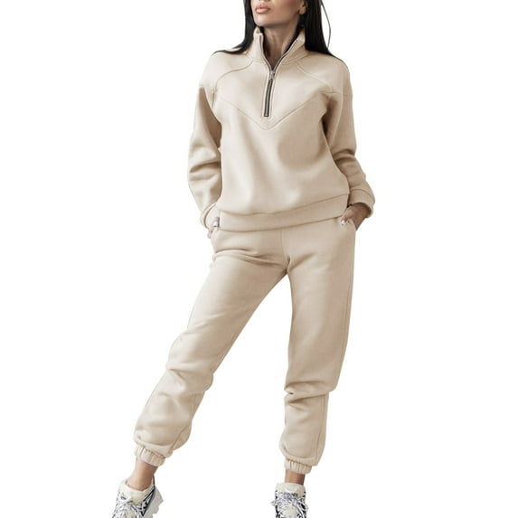 MSJUHEG Hoodie and Sweatpants Set for Women,Wide Leg Sweat Set,Sweat Set Wide Leg,Workout Sets for Women,2 Outfits Long Sleeve Pullover Hooded Crop Top Sets,2 Piece Sets for Women Beige M