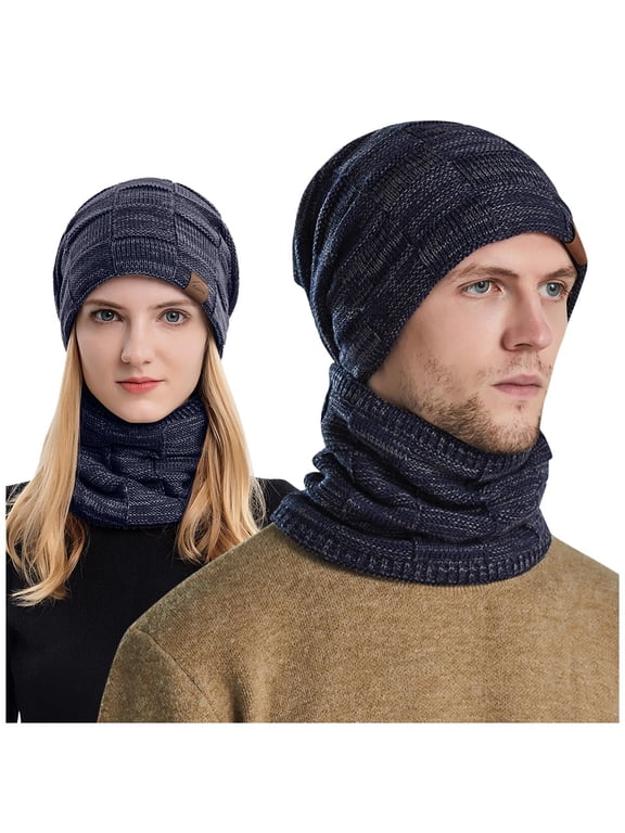 IYEBRAO 2 Pieces Mens Winter Beanie Hats Scarf Set Warm Knit Hat Fleece Lined Winter Ski Hat Neck Warmer Skull Cap for Men Navy One Size
