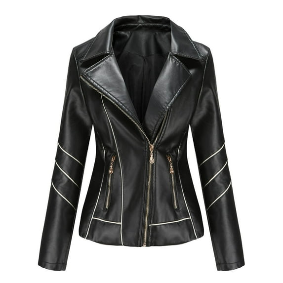 MSJUHEG Jackets For Women Leather Jacket New Ladies Slim Leather Stand-Up Collar Zipper Stitching Solid Color Jacket Leather Jacket Women Black L