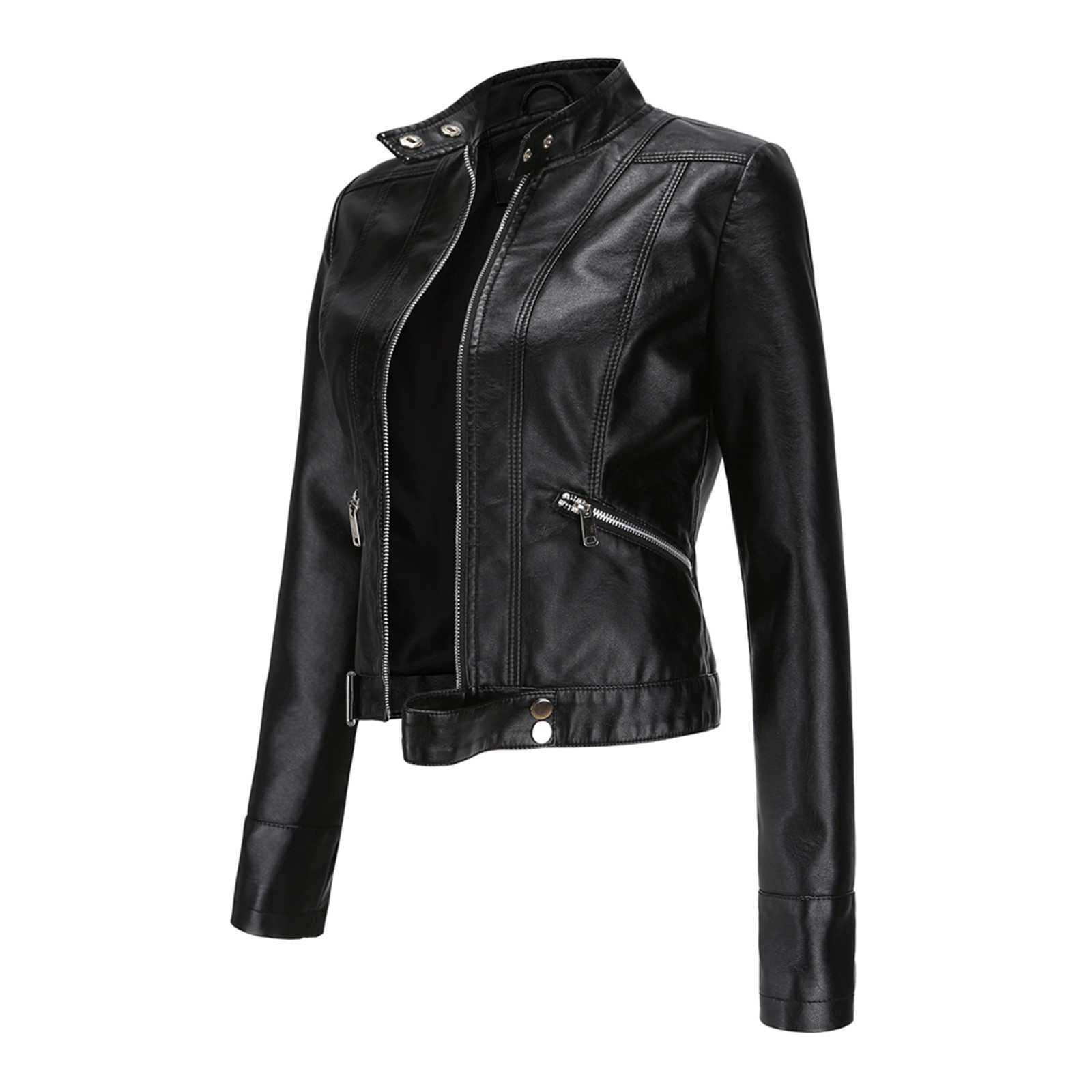 Made By Johnny Women's Vegan Leather Biker Jacket - Faux Moto Jacket With Zipper Detail, Slim Fit, Black