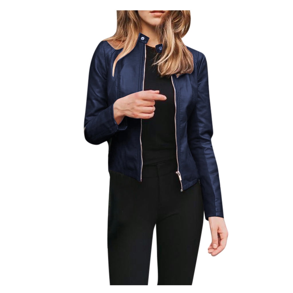 MSJUHEG Jackets For Women Leather Jacket Women Ladies Lapel Motor Jacket Coat Zip Biker Short Punk Cropped Tops Leather Jacket Women Navy M