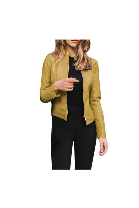 Jackets For Women Leather Jacket Women Ladies Lapel Motor Jacket Coat Zip Biker Short Punk Cropped Tops Leather Jacket Women Yellow M