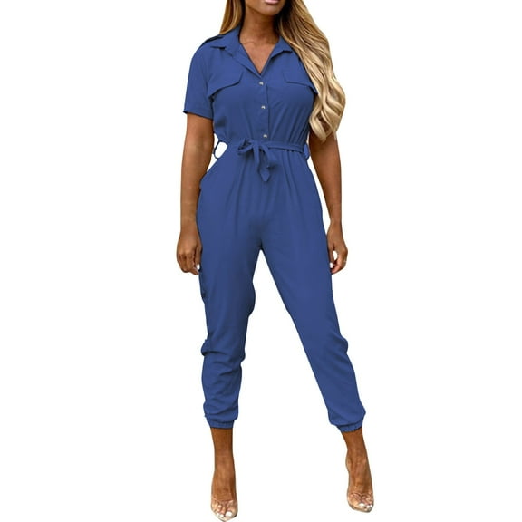 MSJUHEG Jumpers for Women,One Piece Jumpsuits for Women,Beach Outfits for Women,Petite Jumpsuits for Women,Lapel Button Down Belt Work Rompers With Pockets,Jumpsuit Scrubs for Women Blue M