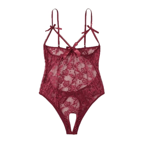 MSJUHEG Jumpsuits For Women One Piece Jumpsuit Women Bow Lace Hollow Open Crotch Teddy Bodysuit Backless Jumpsuit Shapewear Bodysuit Red S