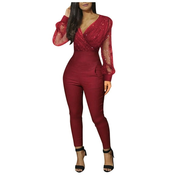 MSJUHEG Jumpsuits For Women One Piece Jumpsuits For Women V-Neck Sequined Mesh Rompers Long Sleeve Pocket Long Jumpsuit Womens Jumpsuit Red Xl