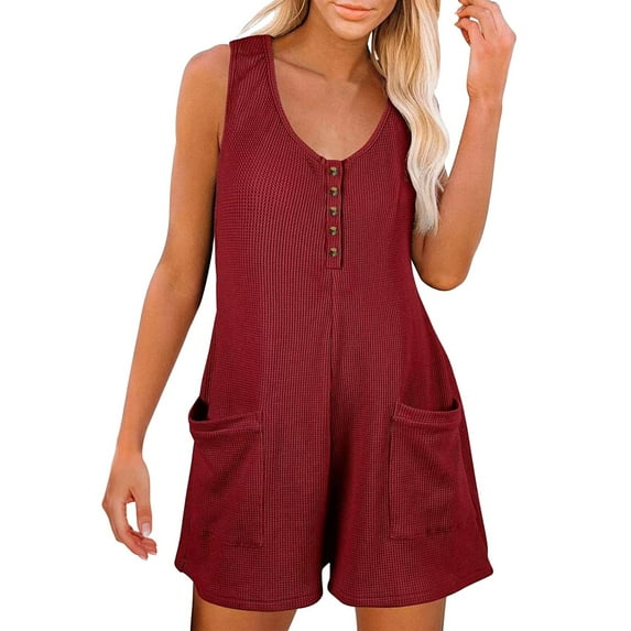 MSJUHEG Jumpsuits For Women One Piece Jumpsuits For Women Women Scoop Neck Sleeveless Rompers Button Down Jumpsuit Adjustable Waist Drawstring Shorts Womens Jumpsuit Wine 2Xl