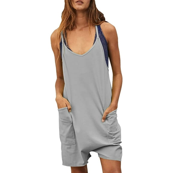 MSJUHEG Jumpsuits For Women Dressy Camisole Tops For Women Womens Summer Casual Sleeveless Rompers Loose Spaghetti Strap Shorts Jumpsuit With Pockets Jumpsuit Gray L
