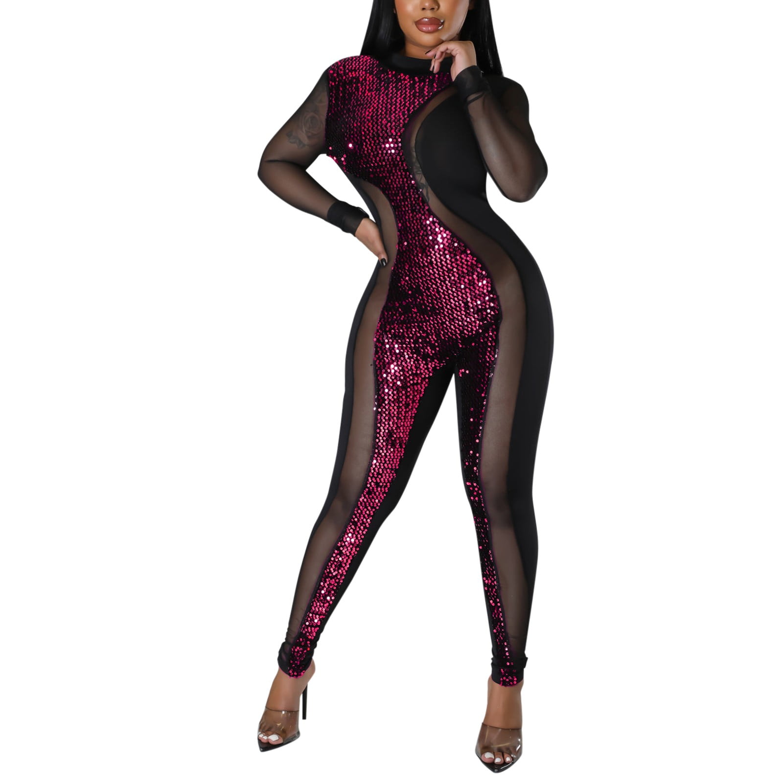 Sexy Solid See-through Sequined V Neck Jumpsuits Sexy Solid See-through Sequined V Neck Jumpsuits
