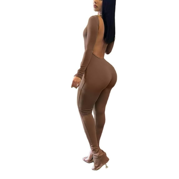 MSJUHEG Jumpsuits For Women Dressy Long Sleeve Bodysuit Women Fashion Yoga Jumpsuits Workout Ribbed Long Sleeve Sport Jumpsuits Backless Jumpsuit Brown L