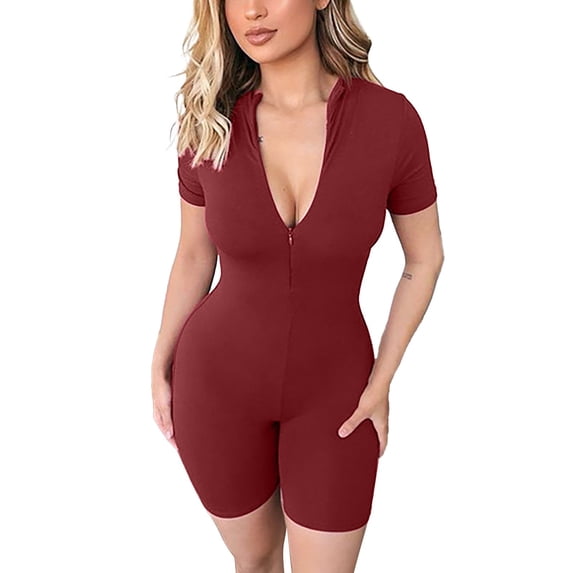 MSJUHEG Jumpsuits For Women Dressy Long Sleeve Bodysuit Women'S Short Sleeve Jumpsuit Bodysuit Bodycon Shorts Solid Color Stretchy Onesie Romper Jumpsuit Red 2 L