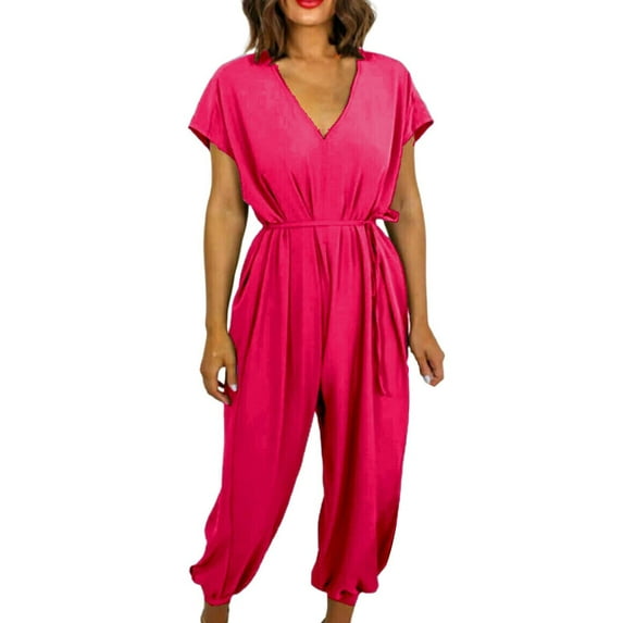 MSJUHEG Jumpsuits For Women Dressy Long Sleeve Bodysuit Womens Summer Solid Short Sleeves Jumpsuits V Neck Rompers Casual Harlan Pants Wide Leg Rompers Jumpsuit Red Xxl