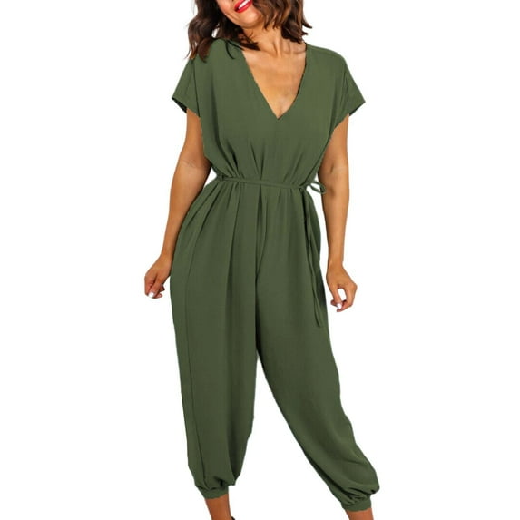 MSJUHEG Jumpsuits For Women Dressy Long Sleeve Bodysuit Womens Summer Solid Short Sleeves Jumpsuits V Neck Rompers Casual Harlan Pants Wide Leg Rompers Jumpsuit Army Green L