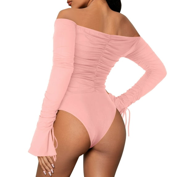 MSJUHEG Jumpsuits For Women Dressy Womens Long Sleeve Tops Ladies Fashion Solid Color Ribbed Flared Long Sleeve Off Shoulder Jumpsuit Joggers For Women Pink Xl