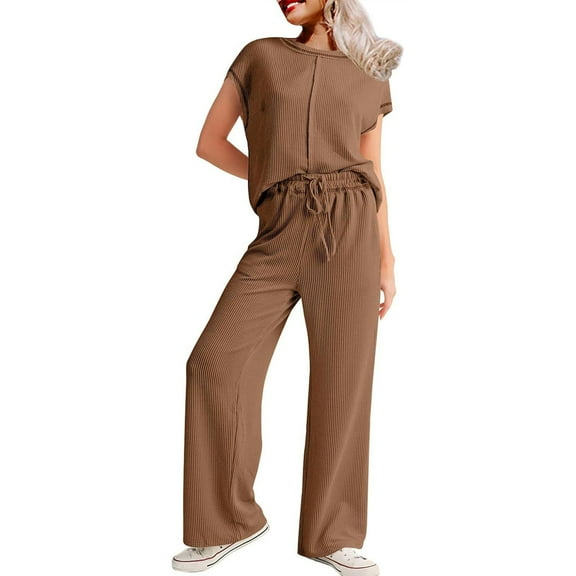 MSJUHEG Jumpsuits for Women,Jogging Suits for Women Plus Size,Lounge Sets for Women,2 Piece Outfits Sets Cap Sleeve Pullover Tops,Matching Sets Women Clothing,Track Suits for Women Set Brown 2XL