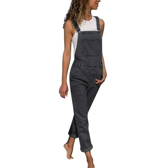 MSJUHEG Jumpsuits For Women One Piece Jumpsuits For Women Button Front Adjustable Strap Denim Dress Bodycon Overall Jean Rompers Jeans Womens Jumpsuit Gray L