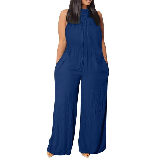 MSJUHEG Jumpsuits For Women One Piece Jumpsuits For Women Plus Size Womens Sleeveless Loose Solid Jumpsuits Baggy Stretchy Long Pant Romper Overalls With Pockets Womens Jumpsuit Blue M