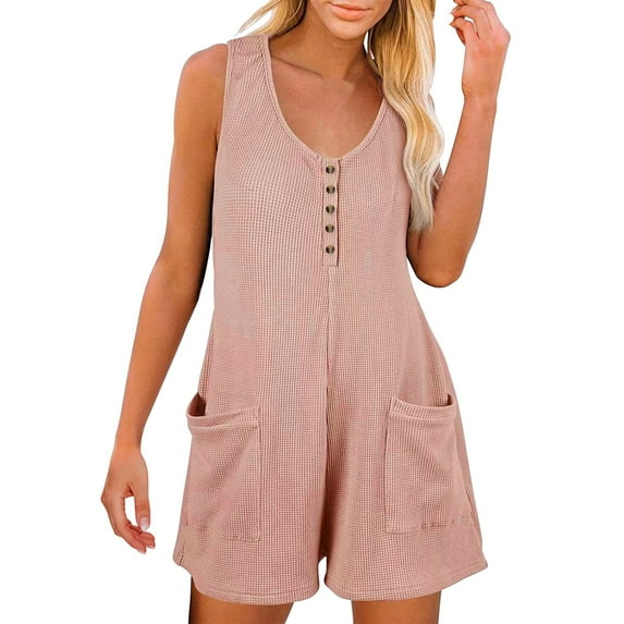 MSJUHEG Jumpsuits For Women One Piece Jumpsuits For Women Women Scoop Neck Sleeveless Rompers Button Down Jumpsuit Adjustable Waist Drawstring Shorts Womens Jumpsuit Pink S