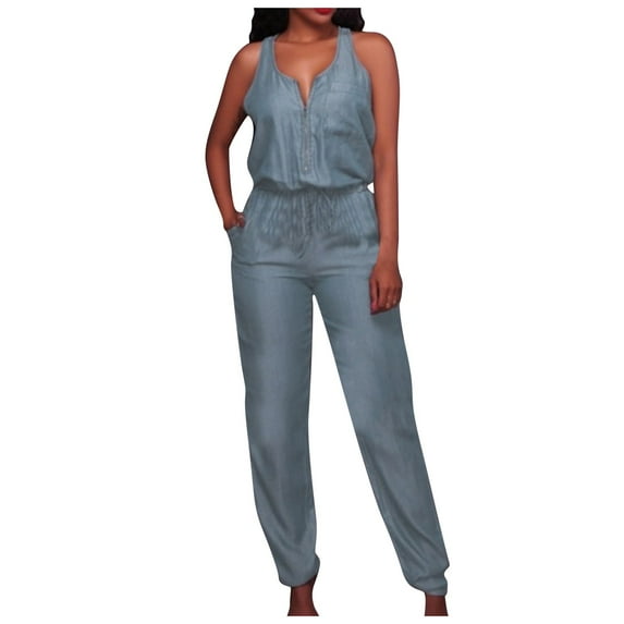 MSJUHEG Jumpsuits For Women One Piece Jumpsuits For Women Womens Off Shoulder Denim Jeans Pocket Sleeveless Jumpsuits Rompers Womens Jumpsuit Sky Blue S
