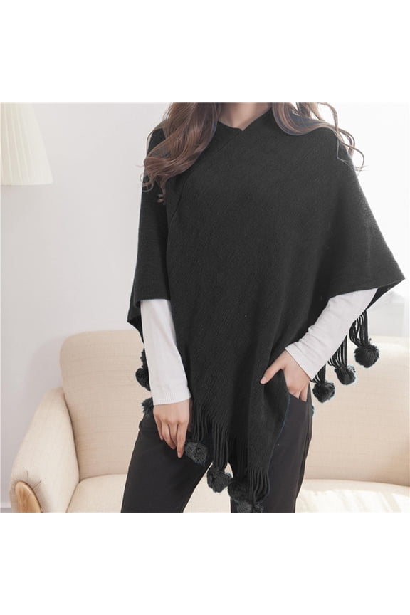 Kimonos,Poncho Sweater Women,Cape Coat,Shawl Wraps,Wrap Cardigan,Cape Fringe Horn Buckle Irregular Double Fringe Cape Warm and Thick Black One Size