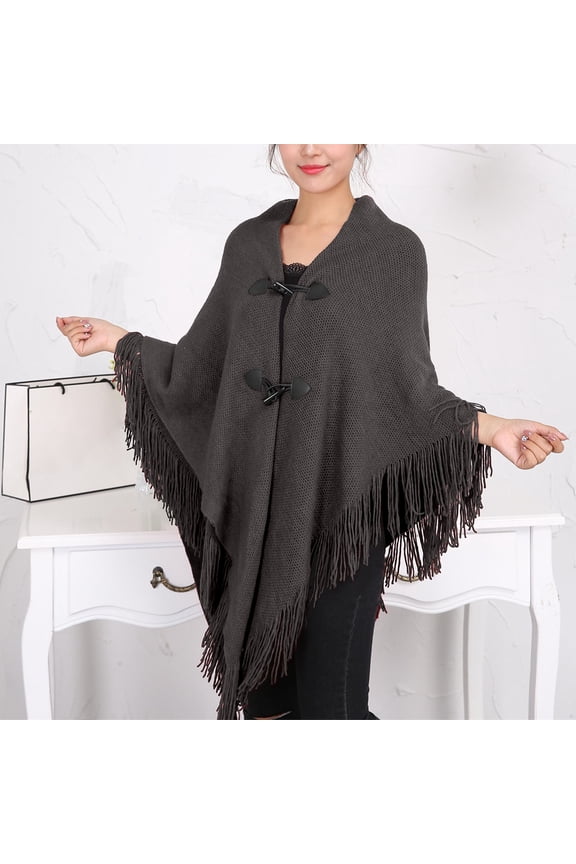 Kimonos,Poncho Sweater Women,Cape Coat,Shawl Wraps,Wrap Cardigan,Cape Fringe Horn Buckle Irregular Double Fringe Cape Warm and Thick Dark Gray A