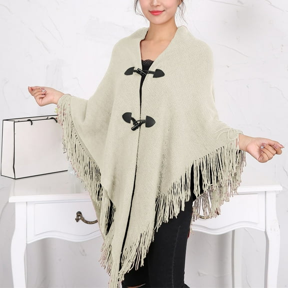 MSJUHEG Kimonos,Poncho Sweater Women,Cape Coat,Shawl Wraps,Wrap Cardigan,Cape Fringe Horn Buckle Irregular Double Fringe Cape Warm and Thick Beige A