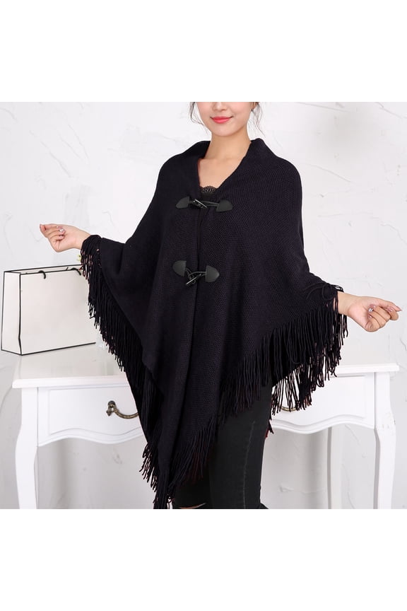 Kimonos,Poncho Sweater Women,Cape Coat,Shawl Wraps,Wrap Cardigan,Cape Fringe Horn Buckle Irregular Double Fringe Cape Warm and Thick Black A