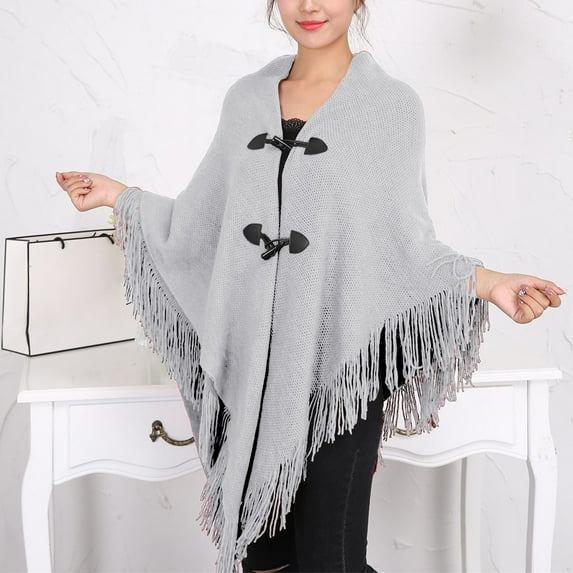 MSJUHEG Kimonos,Poncho Sweater Women,Cape Coat,Shawl Wraps,Wrap Cardigan,Cape Fringe Horn Buckle Irregular Double Fringe Cape Warm and Thick Gray A