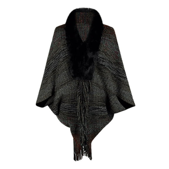 MSJUHEG Kimonos,Poncho Sweater Women,Cape Coat,Shawl Wraps,Wrap Cardigan,Fall Winter Striped Fringed Cape Furry Collar Knit Shawl Black One Size