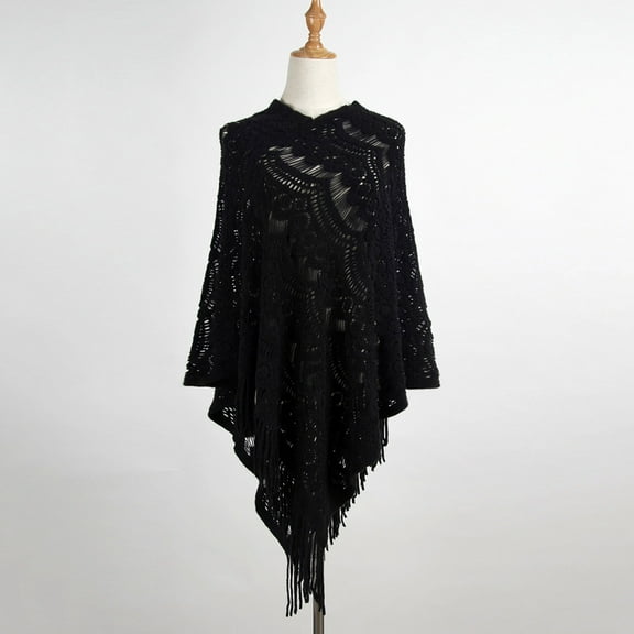 MSJUHEG Kimonos,Poncho Sweater Women,Cape Coat,Shawl Wraps,Wrap Cardigan,Mid Length Crochet Hollow Irregular Tassel Pullover Sweater Cape Shawl Black One Size