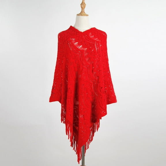 MSJUHEG Kimonos,Poncho Sweater Women,Cape Coat,Shawl Wraps,Wrap Cardigan,Mid Length Crochet Hollow Irregular Tassel Pullover Sweater Cape Shawl Red One Size