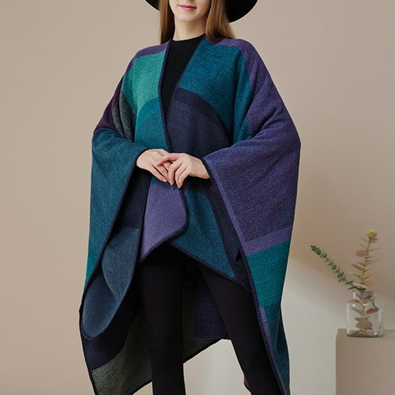 MSJUHEG Kimonos,Poncho Sweater Women,Cape Coat,Shawl Wraps,Wrap Cardigan,Plaid Shawl Open Front Poncho Cape Oversized Sweaters Purple One Size