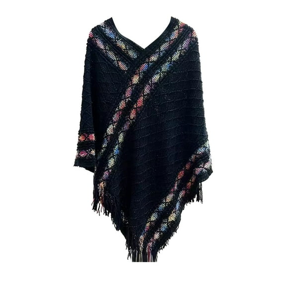 MSJUHEG Kimonos,Poncho Sweater Women,Cape Coat,Shawl Wraps,Wrap Cardigan,Vintage Exotic Winter Warm Pullover Tassel Shawl On Various Occasions Black One Size