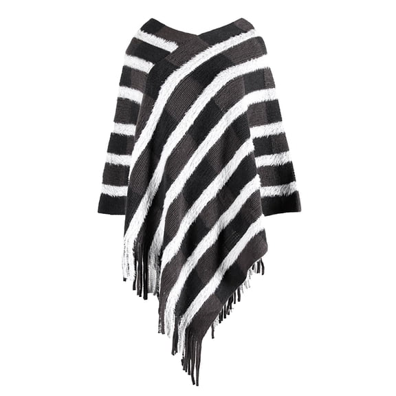 MSJUHEG Kimonos for Women,Poncho Sweater Women,Cape Coat for Women,Shawl Wraps for Women,Wrap Cardigan,Autumn Winter Checkered Fringe Warm Knitted Cape Black One Size
