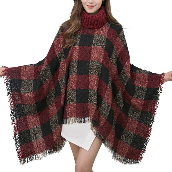 MSJUHEG Kimonos for Women,Poncho Sweater Women,Cape Coat for Women,Shawl Wraps for Women,Wrap Cardigan,Cape High Collar Plaid Warm Loose Fringe Cape Shawl Watermelon Red L