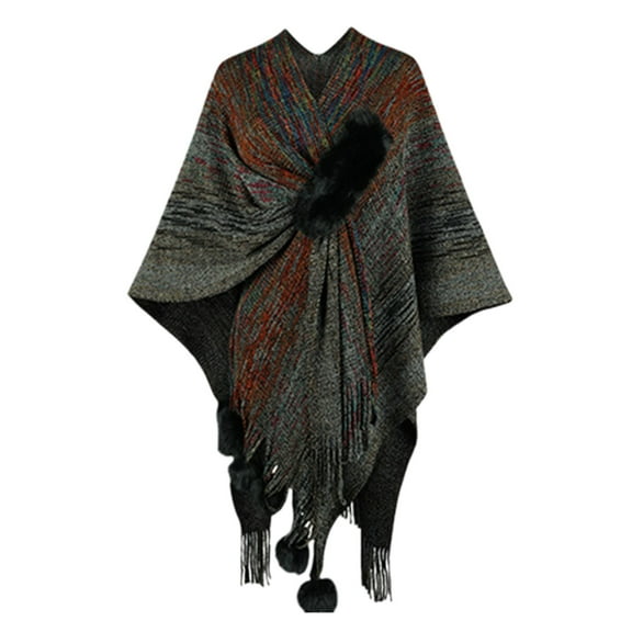 MSJUHEG Kimonos for Women,Poncho Sweater Women,Cape Coat for Women,Shawl Wraps for Women,Wrap Cardigan,Contrast Fringe Knit Shawl Jacket Cape Cardigan Black One Size