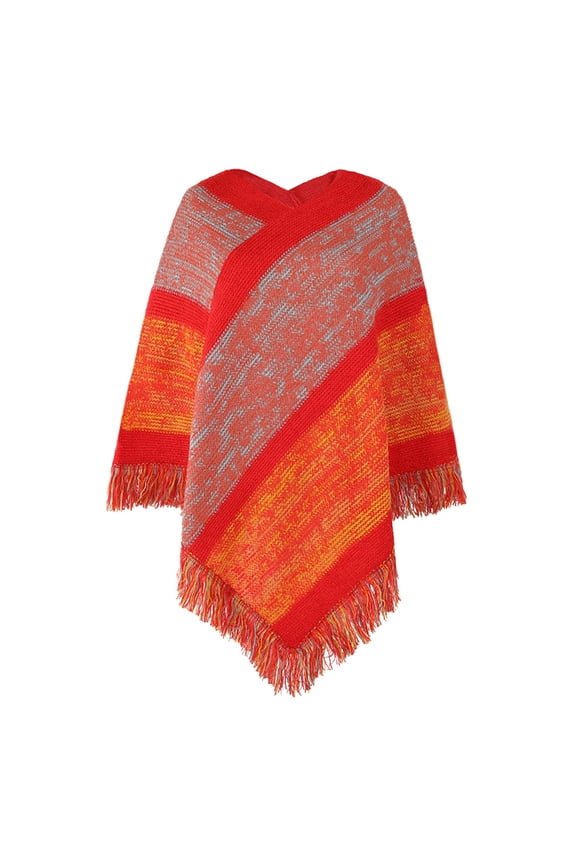 Kimonos for Women,Poncho Sweater Women,Cape Coat for Women,Shawl Wraps for Women,Wrap Cardigan,Contrasting Striped Knitted Cape with Tassel Shawl Red One Size