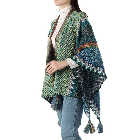 MSJUHEG Kimonos for Women,Poncho Sweater Women,Cape Coat for Women,Shawl Wraps for Women,Wrap Cardigan,Nationl Colourful Splice Poncho Knitted Shawl Scarf Dark Blue A