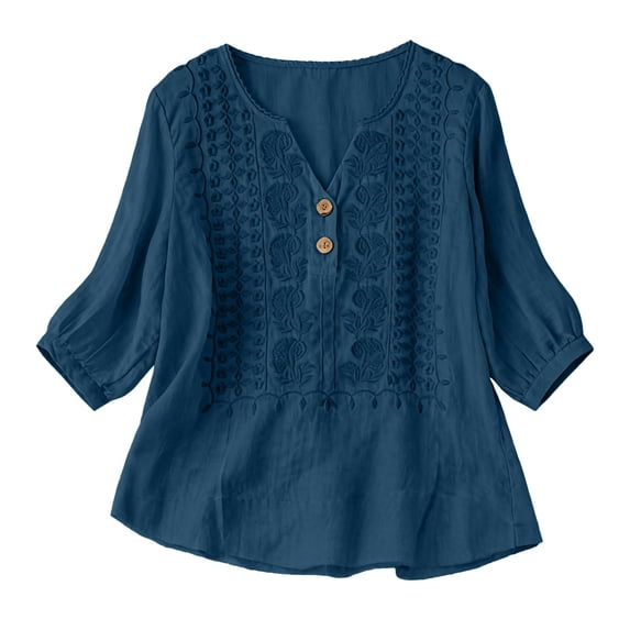 MSJUHEG Ladies 3/4 Length Sleeve Tops Blouses Boho Fashion Flowy Floral Shirts Loose Tops for Women Linen Tops for Women Summer Cotton Boho Blouses Short Sleeve Peasant Blouse Blackish Green M