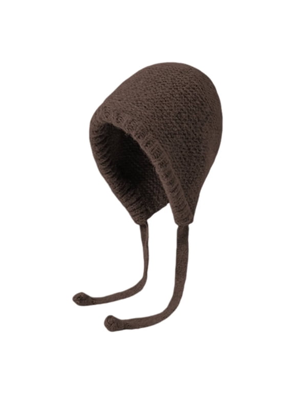 Ladies Knit Earflap Beanie Hat with Tie Strings Soft Cozy Stretchy Warm Headwear for Cold‑Weather outdoor casual and everyday occasions Coffee One Size