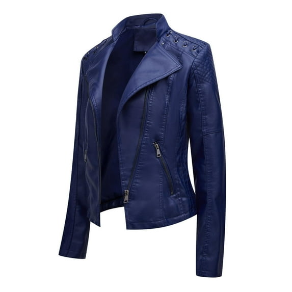 MSJUHEG Leather Jacket Women Jackets for Women Winter Jackets for Women Slim Fit Leather Jacket Womens Thin Lapel Collar Motorcycle Jacket Leather Transitional Jacket Dark Blue Xxl