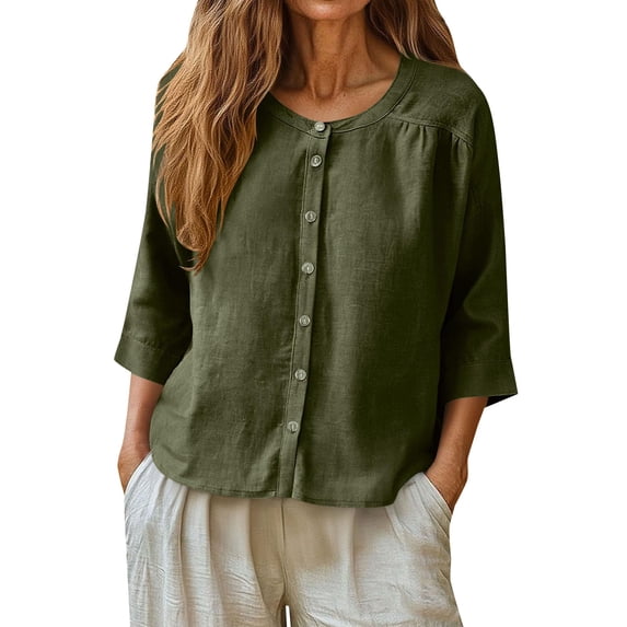 MSJUHEG Linen Blouse Women's Blouses & Button-down Shirts Women's Tunics Casual Loose Fit Tops Tunic Top Loose Solid Color Casual Shirts Womens Clothing Green S