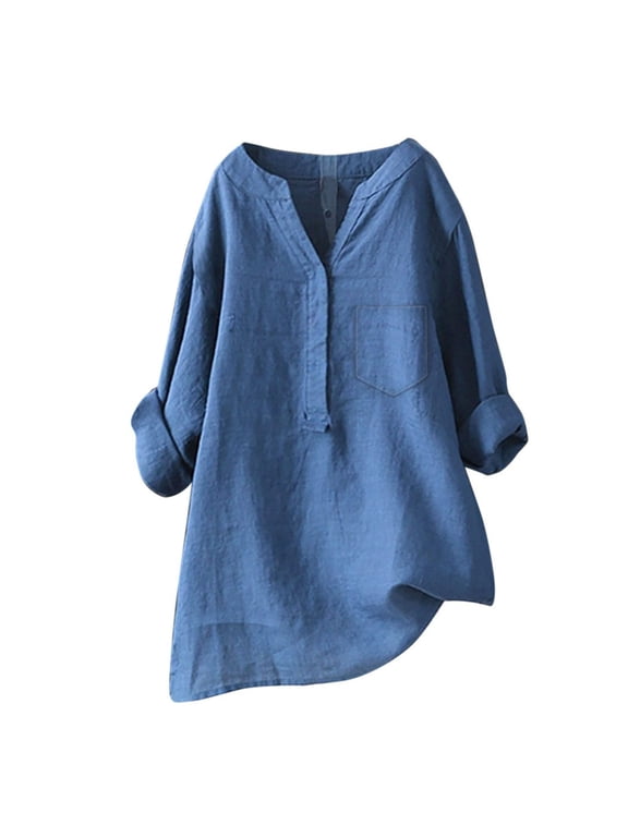 Linen Blouses for Women Gauze Button Down Shirts for Women Oversized Linen Shirts for Women Seersucker Tops for Women Peasant Gauze Blouses Linen Clothe Women Blouses Blue M