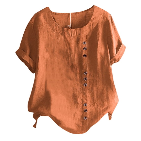 MSJUHEG Linen Blouses for Women's Button-down Shirts Solid Color Blouses Boho Flowy Top Loose Solid Color Casual Shirts Work Clothes for Women Orange 3xl
