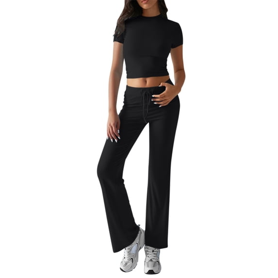 MSJUHEG Linen Sets for Women 2 Piece Crop Tops Wide Leg Pant Sets Travel Outfits for Women Beach Vacation Clothes for Women 2 Piece Pants Set for Women Summer Summer Work Outfits for Women Black L