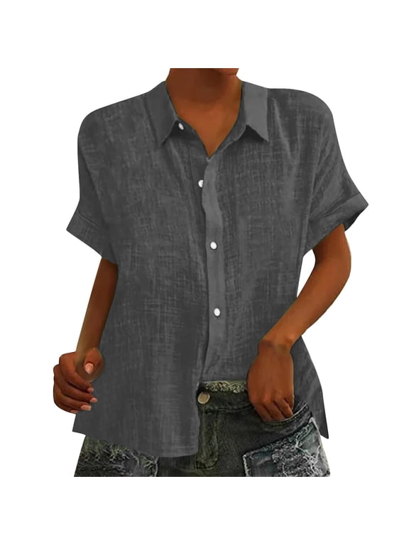 Linen Tops Button Down Shirts for Women Peasant Blouse Tunic Top Cotton Gauze Shirt Gauze Shirts for Women Linen Clothes Flowy Blouse Womens Summer Tops Dark Gray M