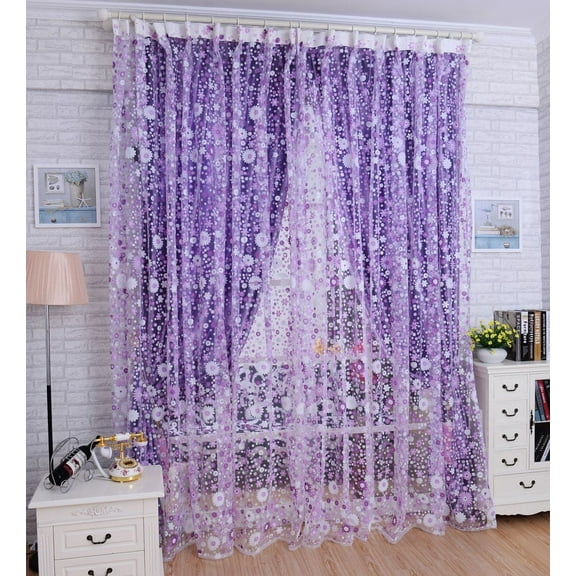 MSJUHEG Living Room Curtains Bedroom Curtains Door Purple Divider Voile Print Window Floral Scarf Curtain Room Curtain Home Decor Shower Curtain Purple