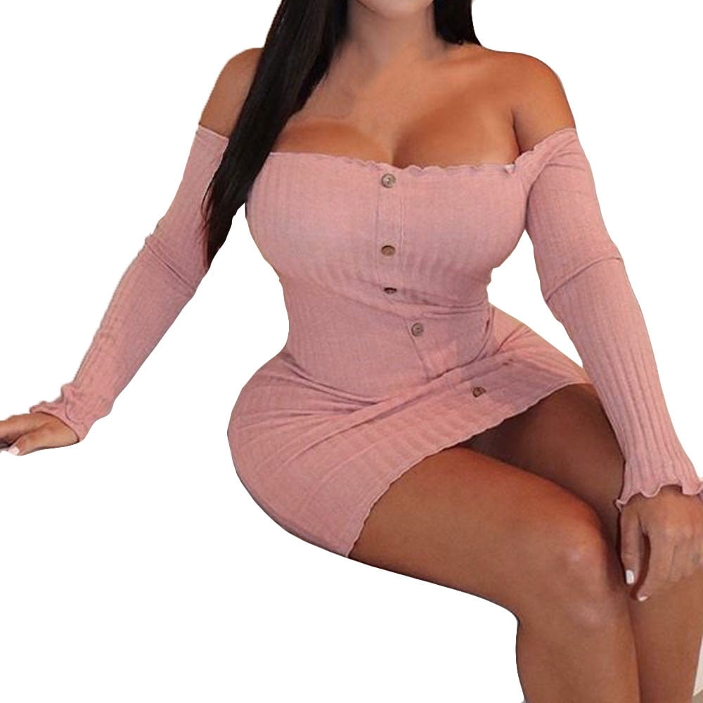 Clearance!MSJUHEG Wrap Dress Long Dresses for Women Fashion Long Sleeve Solid Button Neck Casual Dresses Bodycon Dresses for Women Dresses Pink M