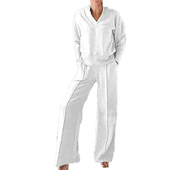 MSJUHEG Long Sleeve Workout Set,Jumpsuits for Women,Matching Sweat Sets for Women,Tracksuit for Women,Two Piece Outfits Sweatsuit Set Wide Leg Set,Wide Leg Jumpsuits for Women White M